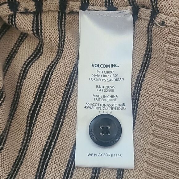 Volcom Tan and Black Striped Cardigan Cotton Blend Light Weight Size S - Picture 10 of 11